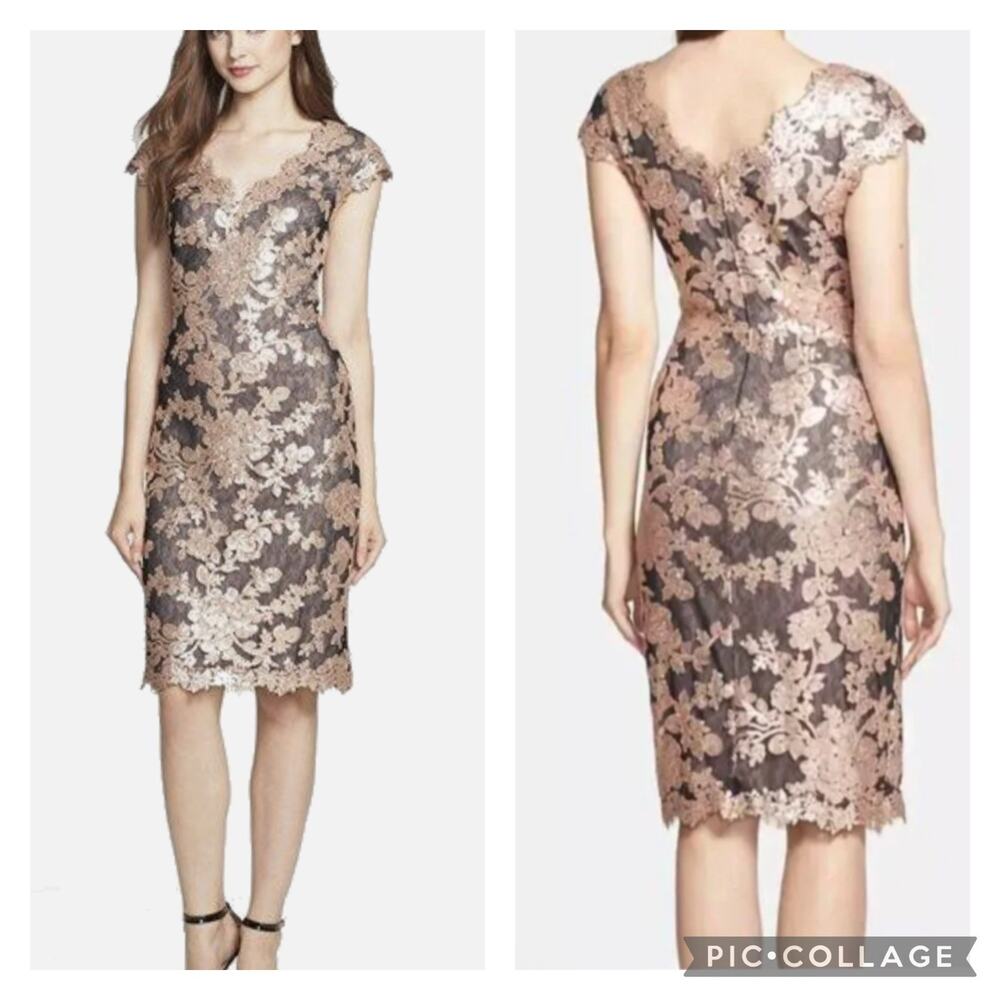 Tadashi Shoji Sequined Lace Cocktail Dress Cap Sleeves Size 16